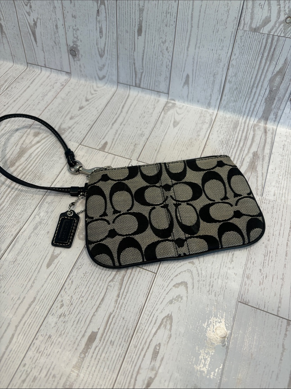Coach Black & Khaki Signature Wristlet with Coach Tag